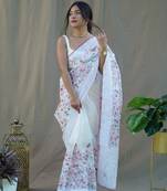 White Colour Organza Saree With Smart Resham Embroidery Work