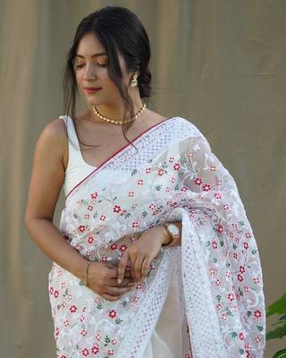 White Colour Organza Saree With Smart Resham Embroidery Work 2
