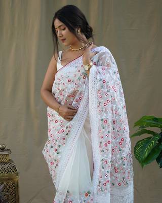 White Colour Organza Saree With Smart Resham Embroidery Work 3