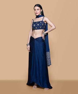 Blue embroidered brocade dress with dupatta 3