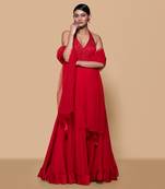 Red halter neck anarkali set