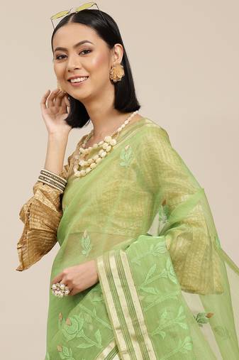 Organza And Embroidery Work Saree With Blouse