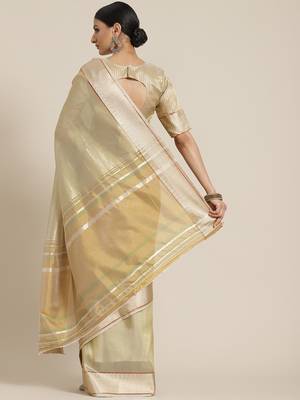 Cotton Silk Linen Blend Golden Border Saree With Blouse 2