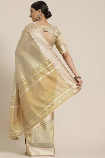 Cotton Silk Linen Blend Golden Border Saree With Blouse