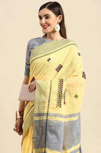 linen cotton thread embroidered saree