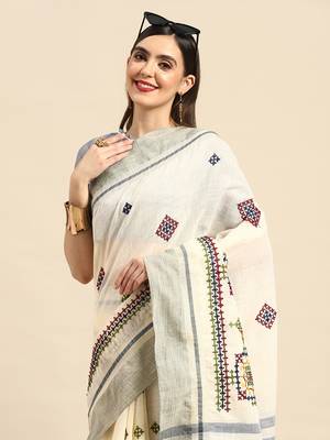 linen cotton thread embroidered saree 1