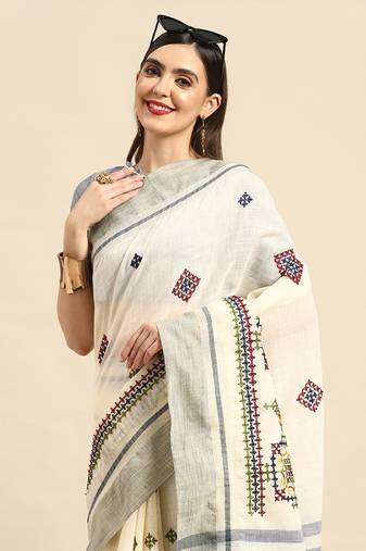 linen cotton thread embroidered saree