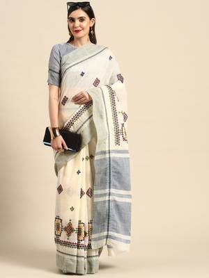linen cotton thread embroidered saree 2