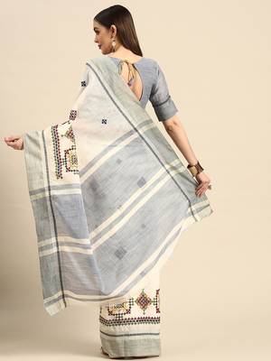 linen cotton thread embroidered saree 3