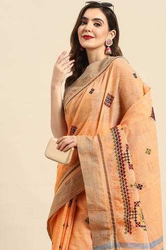 linen cotton thread embroidered saree