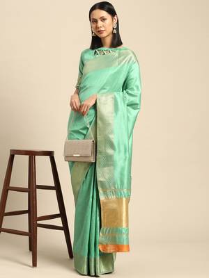 Cotton Silk With Golden Zari Woven Border And Sequins Work Saree 1