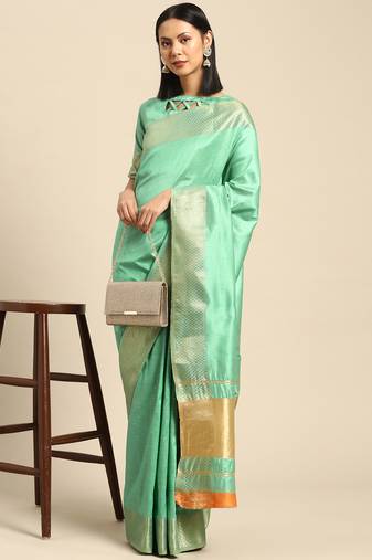 Cotton Silk With Golden Zari Woven Border And Sequins Work Saree