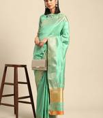 Cotton Silk With Golden Zari Woven Border And Sequins Work Saree