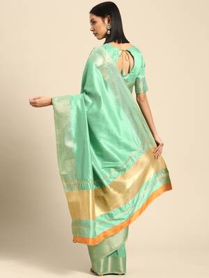 Cotton Silk With Golden Zari Woven Border And Sequins Work Saree 2