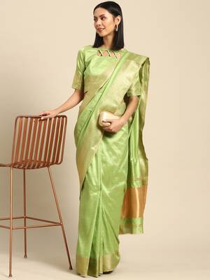 Cotton Silk With Golden Zari Woven Border And Sequins Work Saree 2