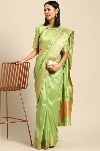 Cotton Silk With Golden Zari Woven Border And Sequins Work Saree