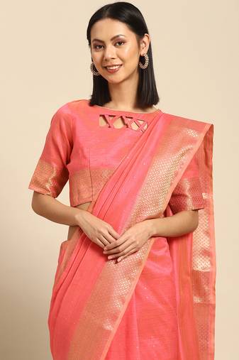 Cotton Silk With Golden Zari Woven Border And Sequins Work Saree