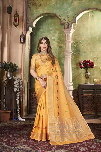 Soft Cotton Silk With Colourful Thread Embroidery Saree With Blouse