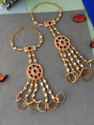 Set of 2 gold toned & red stone studded hathphool bracelets 1