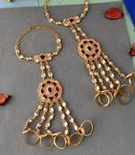 Set of 2 gold toned & red stone studded hathphool bracelets