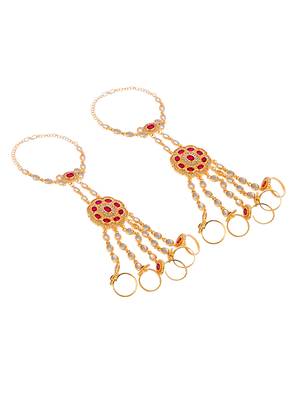 Set of 2 gold toned & red stone studded hathphool bracelets 3
