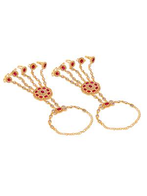 Set of 2 gold toned & red stone studded hathphool bracelets 4