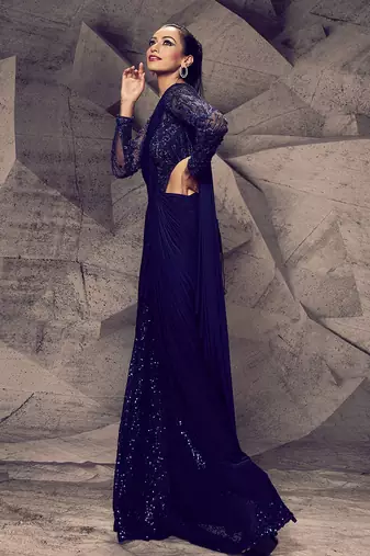 The shimmering blue leotard saree