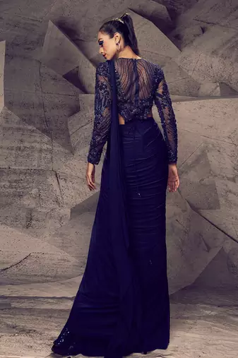 The shimmering blue leotard saree