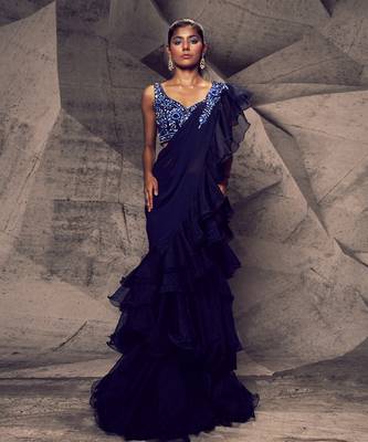 The shimmering blue ruffle saree 1