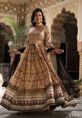 Partywear Designer Cream Dola Silk Anarkali suit with Dupatta 1