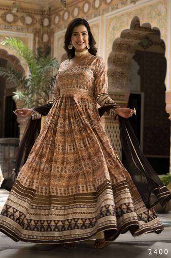 Partywear Designer Cream Dola Silk Anarkali suit with Dupatta
