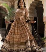 Partywear Designer Cream Dola Silk Anarkali suit with Dupatta