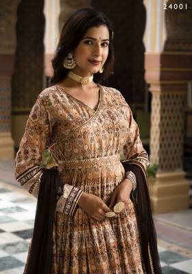 Partywear Designer Cream Dola Silk Anarkali suit with Dupatta 3