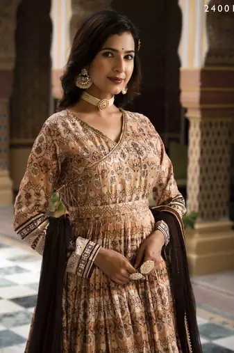 Partywear Designer Cream Dola Silk Anarkali suit with Dupatta