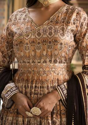 Partywear Designer Cream Dola Silk Anarkali suit with Dupatta 4