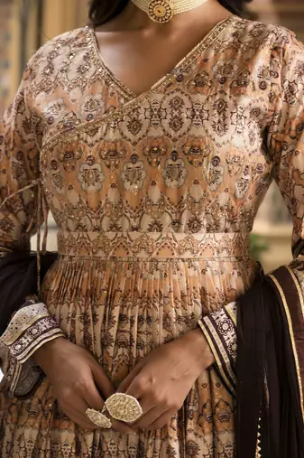 Partywear Designer Cream Dola Silk Anarkali suit with Dupatta