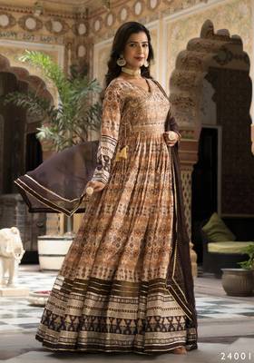 Partywear Designer Cream Dola Silk Anarkali suit with Dupatta 5