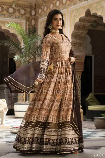 Partywear Designer Cream Dola Silk Anarkali suit with Dupatta