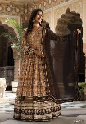 Partywear Designer Cream Dola Silk Anarkali suit with Dupatta 6
