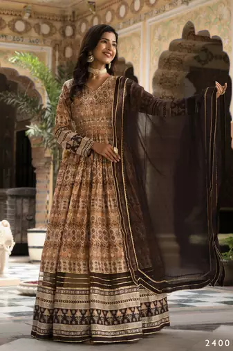 Partywear Designer Cream Dola Silk Anarkali suit with Dupatta