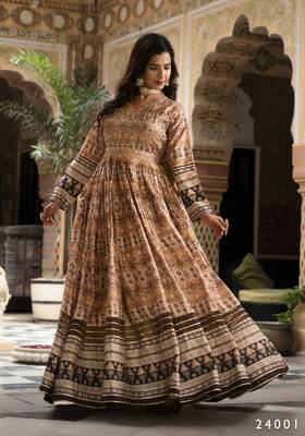 Partywear Designer Cream Dola Silk Anarkali suit with Dupatta 7