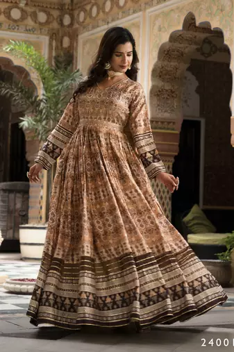 Partywear Designer Cream Dola Silk Anarkali suit with Dupatta