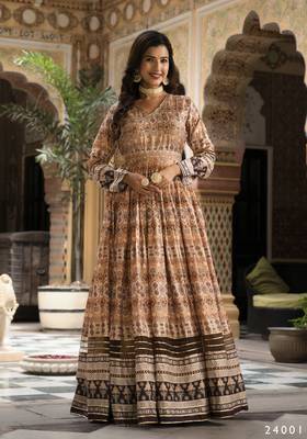 Partywear Designer Cream Dola Silk Anarkali suit with Dupatta 8