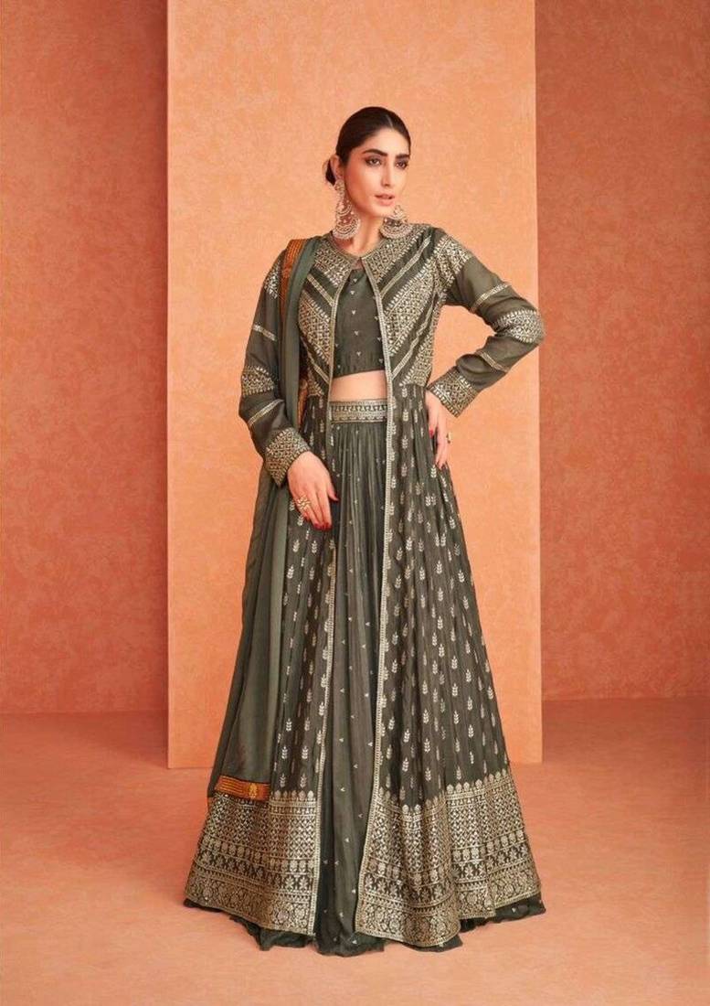 Green georgette indowestern wedding collection crop top, skirt & shrug set