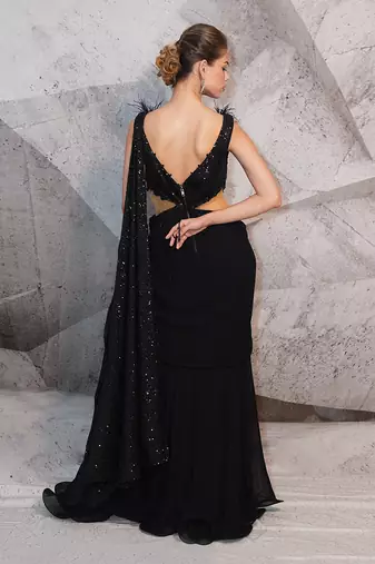 The sequins black saree gown