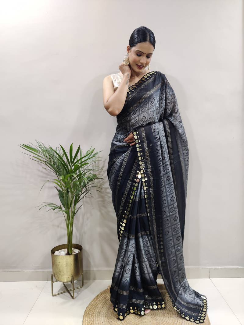 Black faux georgette embroidered pre stitched saree