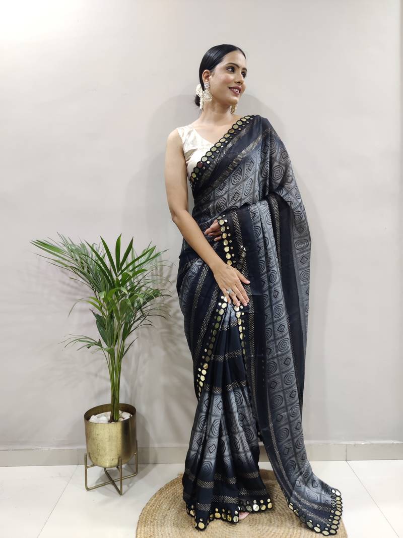 Black faux georgette embroidered pre stitched saree