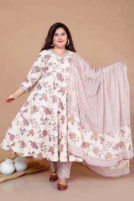 Pink Floral Print Anarkali Kurta With Palazzo & Dupatta set - Plus Size 1