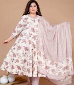 Pink Floral Print Anarkali Kurta With Palazzo & Dupatta set - Plus Size