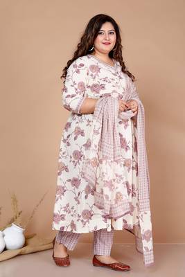 Pink Floral Print Anarkali Kurta With Palazzo & Dupatta set - Plus Size 2
